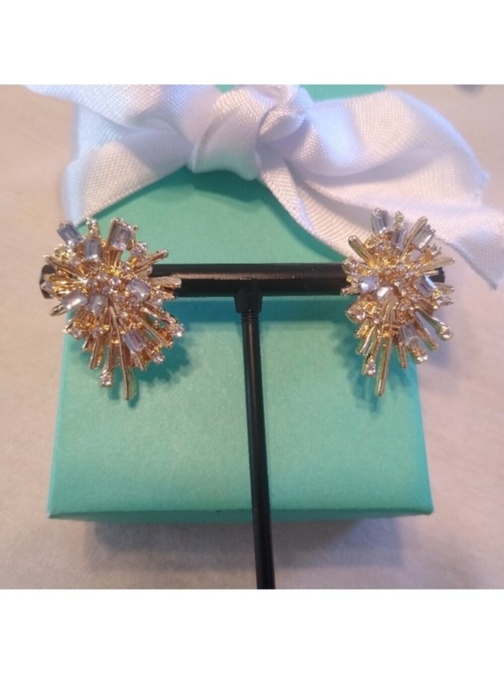 Goldtone Sparkling Fireworks Ray Rhinestone Earrings - Picture 2 of 4